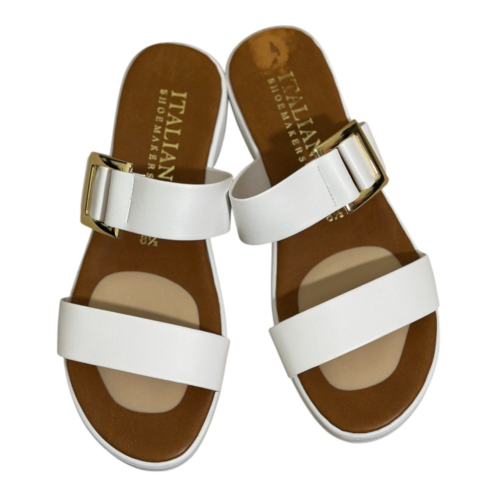 Italian Shoemakers White Platform Slide Sandals Gold Buckle Made in Italy SZ 8.5